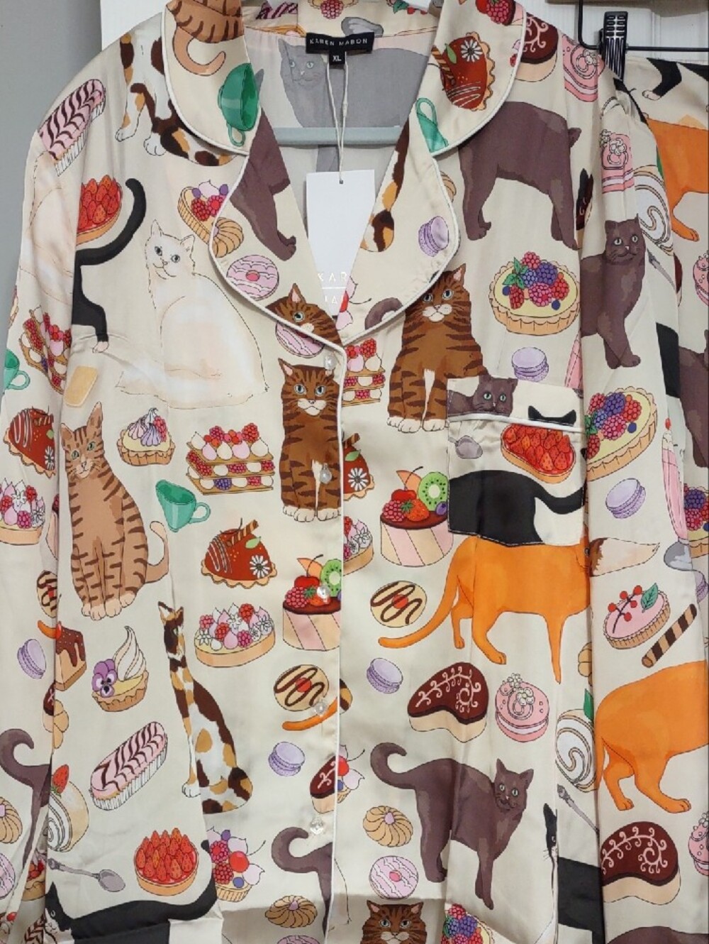NWTS Karen Mabon Cat Café Satin Long Pajama Set Ivory Size XL - Picture 6 of 11